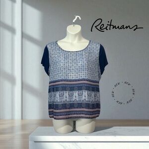 NWOT, Reitmans,  Blue Boho Print Bi-Material Blouse, Size XXL (plus size)